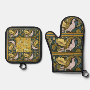 Pigeon Blue Yellow Fish Art Nouveau Oven Mitt & Pot Holder Set