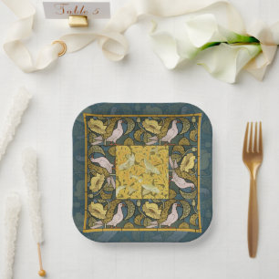 Pigeon Blue Yellow Fish Art Nouveau Paper Plate