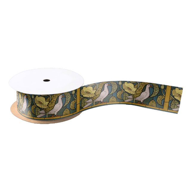 Pigeon Blue Yellow Fish Art Nouveau Satin Ribbon (Spool)