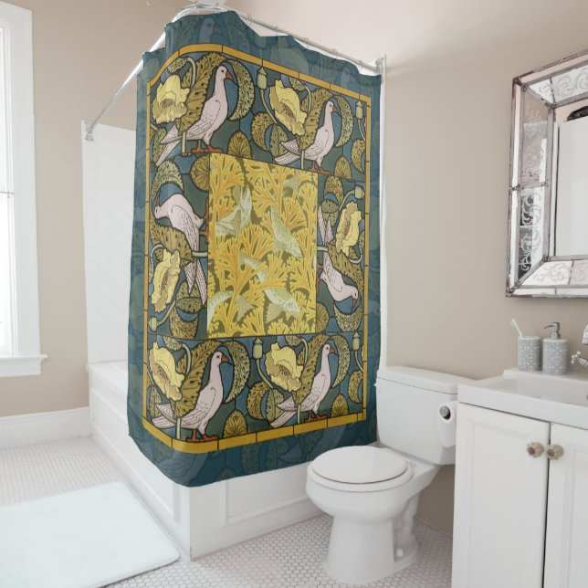 Pigeon Blue Yellow Fish Art Nouveau Shower Curtain (In Situ)