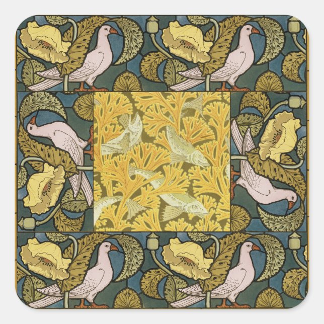 Pigeon Blue Yellow Fish Art Nouveau Square Sticker (Front)