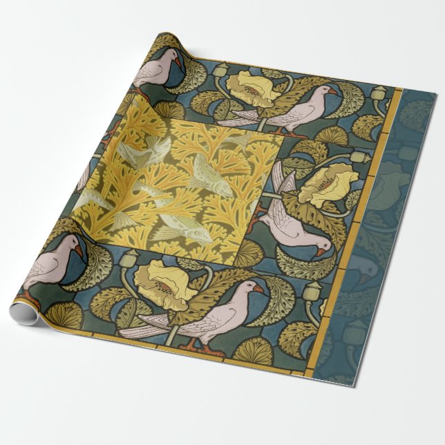 Pigeon Blue Yellow Fish Art Nouveau Wrapping Paper (Unrolled)