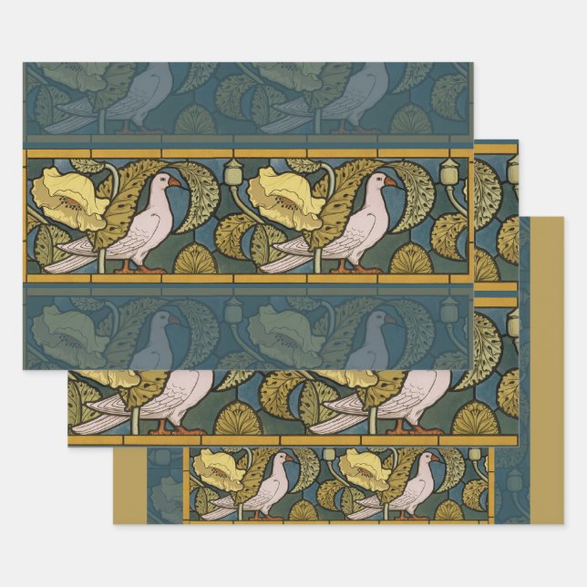 Pigeon Blue Yellow Fish Art Nouveau Wrapping Paper Sheet (Set)