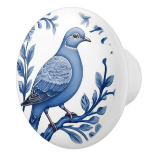 Pigeon Dove Bird Delft Blue and White Floral Ceramic Knob