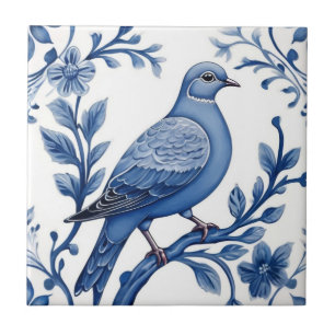 Pigeon Dove Bird Delft Blue and White Floral Ceramic Tile