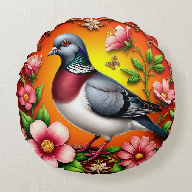 🕊️ Pigeon Floral Round Pillow Nature Decor 🌸✨ (Front)