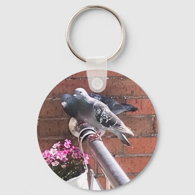 Pigeon Pair and Pink Flowers Key Ring (Front)