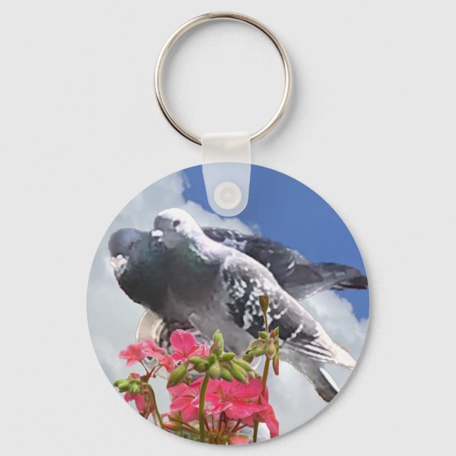 Pigeon Pair and Pink Geranium  Key Ring (Front)