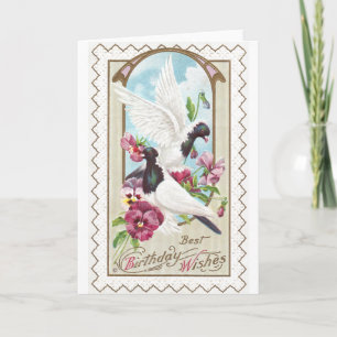 Pigeons and Pansies Vintage Birthday Card