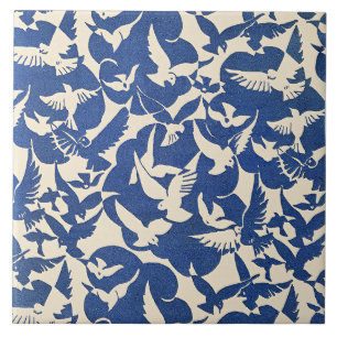 Pigeons in White and Blue Ceramic Tile
