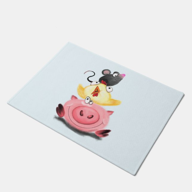 Pigg Chicken and Mouse Friends Funny Doormat (Angled)