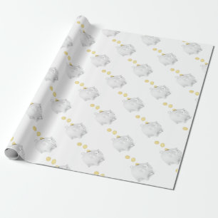 Piggy bank with golden coins wrapping paper