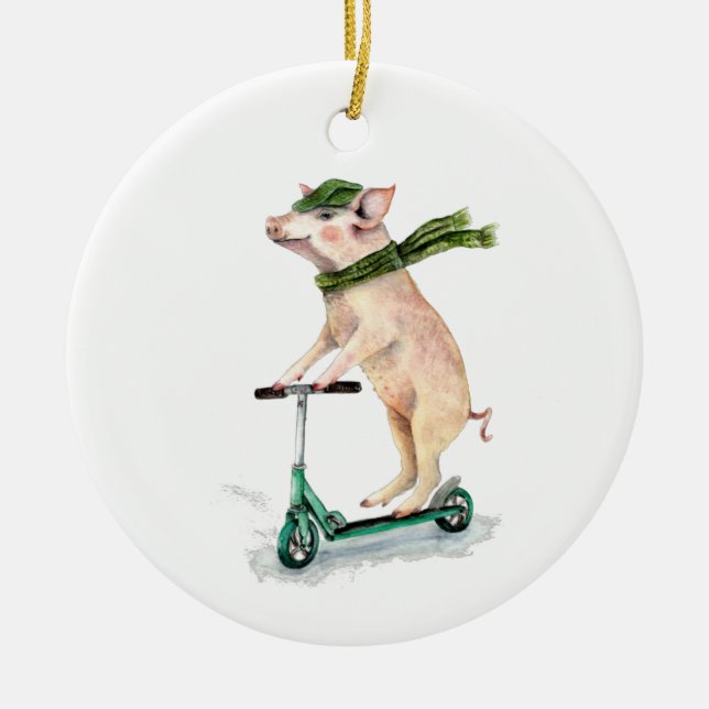 Piggy on a scooter ceramic ornament (Front)