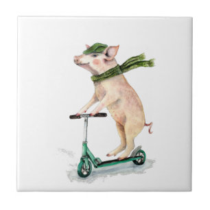 Piggy on a scooter ceramic tile