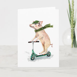 Piggy on a scooter holiday card