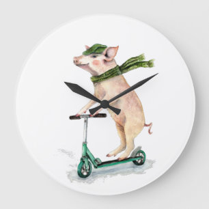 Piggy on a scooter large clock