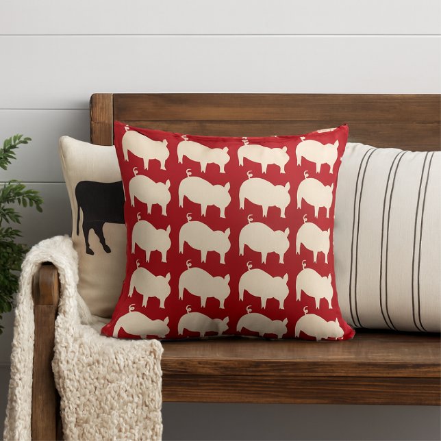 Piggy Parade Red White Throw Pillow (Creator Uploaded)