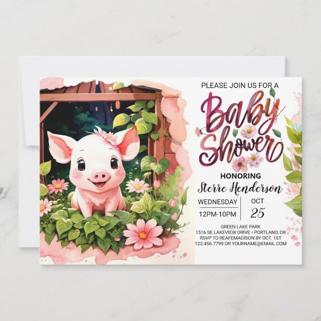 Piggy Pink Party Floral Baby Shower Invitation (Front)
