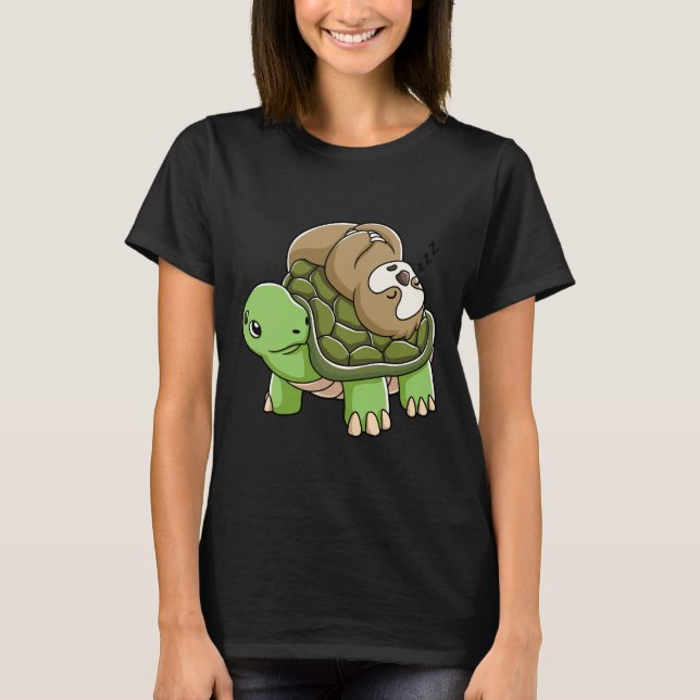 Piggyback Running Riding Team Sloth Turtle T-Shirt (Front)