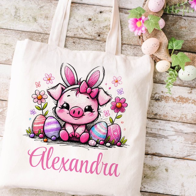 Piglet Easter Kids Name Girls Bunny  Tote Bag (Piglet Girls Easter Tote)