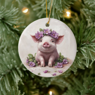 Piglet in a Purple Flower Crown Ceramic Ornament