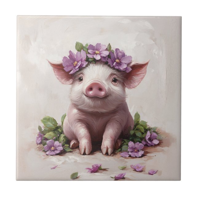 Piglet in a Purple Flower Crown Ceramic Tile (Front)
