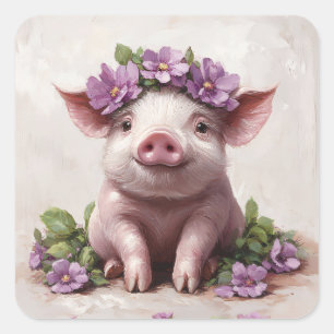 Piglet in a Purple Flower Crown Square Sticker