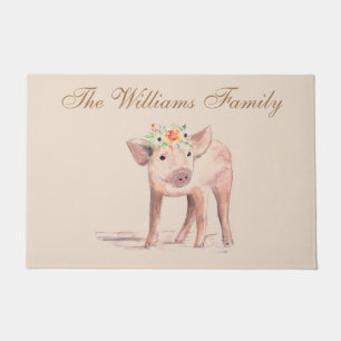 Piglet Pig Watercolor Art Farm Ranch Animal Doormat