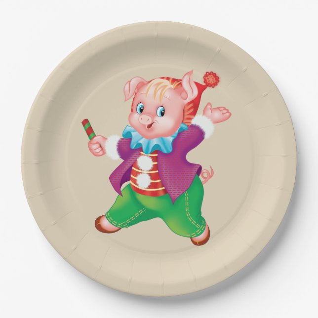 piglet pink cheerful paper plate (Front)
