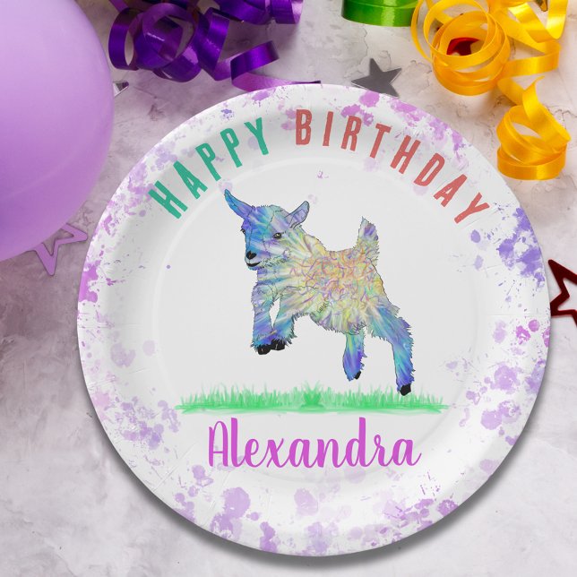 Pigmy Goat Girls Birthday Party Name Paper Plate (Colorful cute pigmy goat jumping girls name personalized birthday party paper plate)