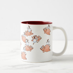 Pigs and chickens jumping. Two-Tone coffee mug