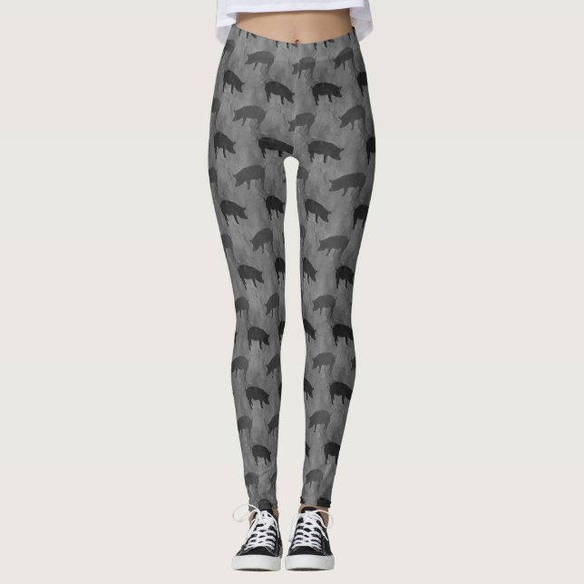 pigs  black and white pattern leggings (Front)