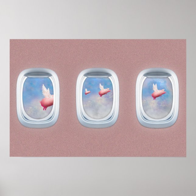 Pigs flying past aeroplane windows poster (Front)