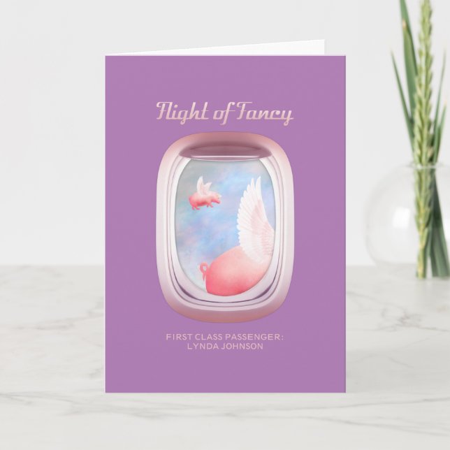 Pigs Flying Past Airplane Window-Personalized Card (Front)