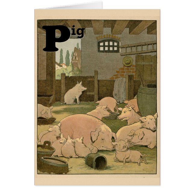 Pigs Illustrated Alphabet Letter Note Card (Front)
