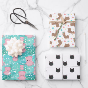 Pigs Llamas Cats Cute Mixed Animal Patterns Wrapping Paper Sheet