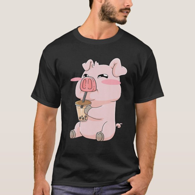 Pigs Pig Boba Bubble Tea Anime Kawaii Cute Gift T-Shirt (Front)