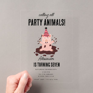 Pigs Playing in Mud Farm Party Animals Birthday Acrylic Invitations