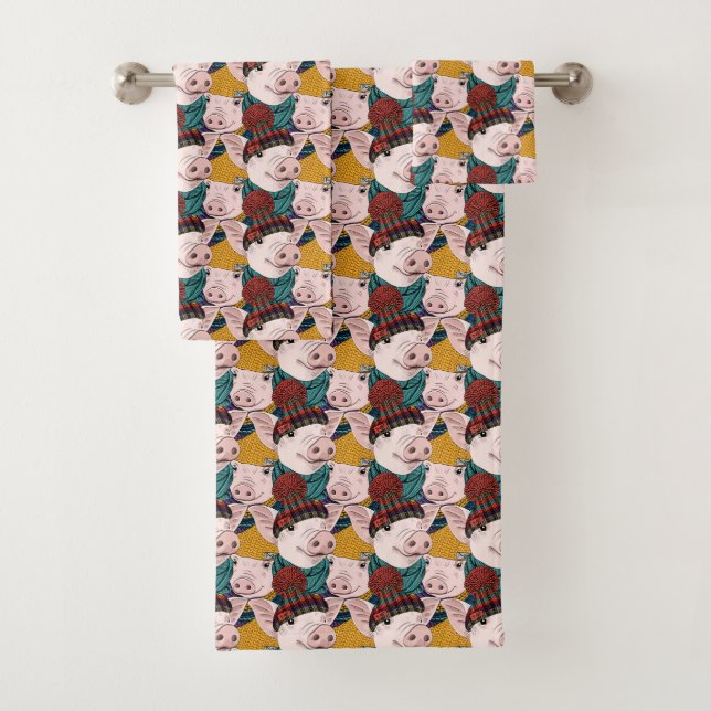Pigs With Hats Pattern Bath Towel Set (Insitu)