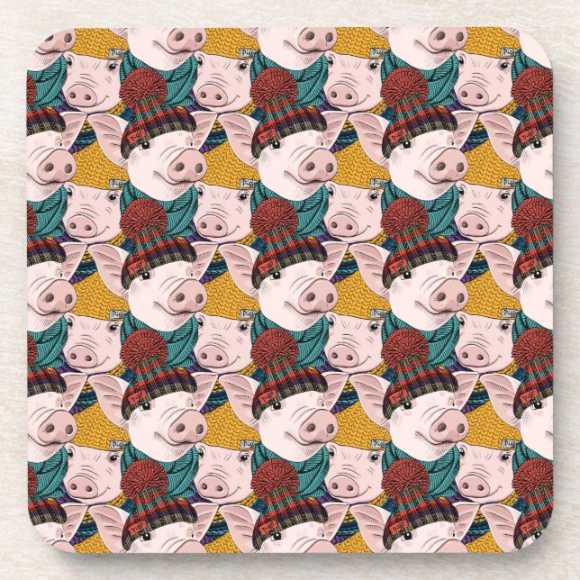 Pigs With Hats Pattern Coaster (Front)