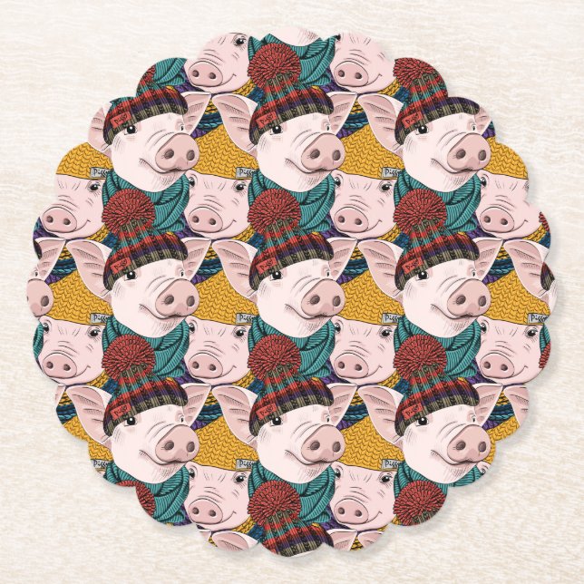 Pigs With Hats Pattern Paper Coaster (Front)