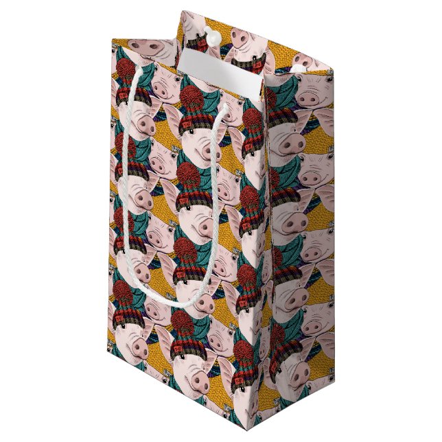Pigs With Hats Pattern Small Gift Bag (Front Angled)