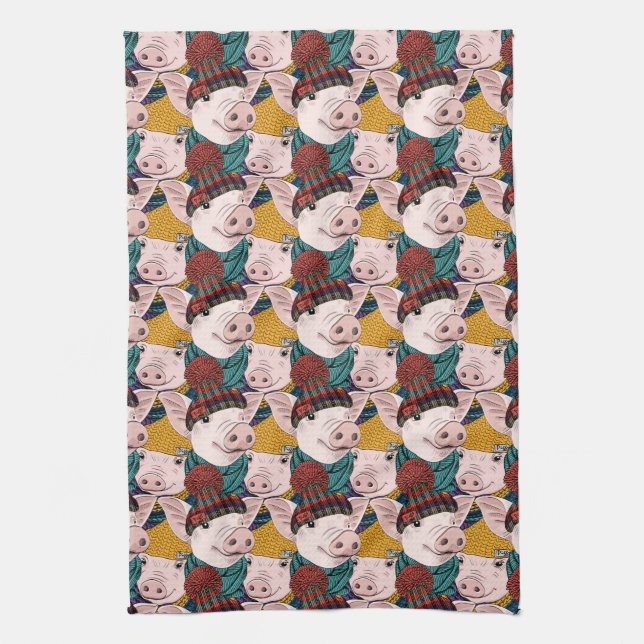 Pigs With Hats Pattern Tea Towel (Vertical)