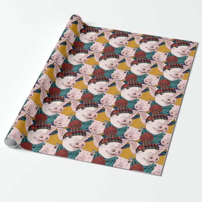 Pigs With Hats Pattern Wrapping Paper (Unrolled)