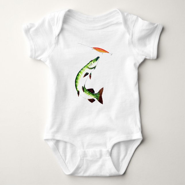 Pike fishing and fly fishing baby bodysuit (Front)