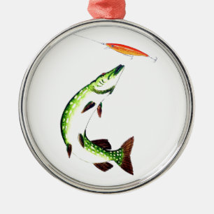 Pike fishing and fly fishing metal ornament
