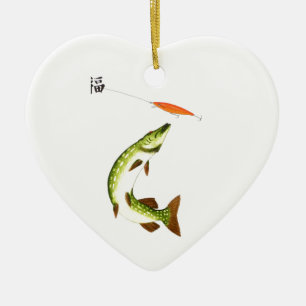Pike fishing ceramic ornament