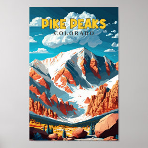 Pike Peaks Colorado USA Travel Art Vintage Poster