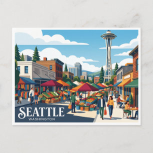 Pike Place Market and Space Needle Seattle Postcard