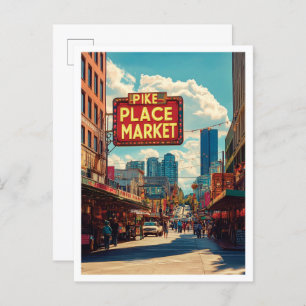 Pike Place Market Seattle Illustration Travel Postcard